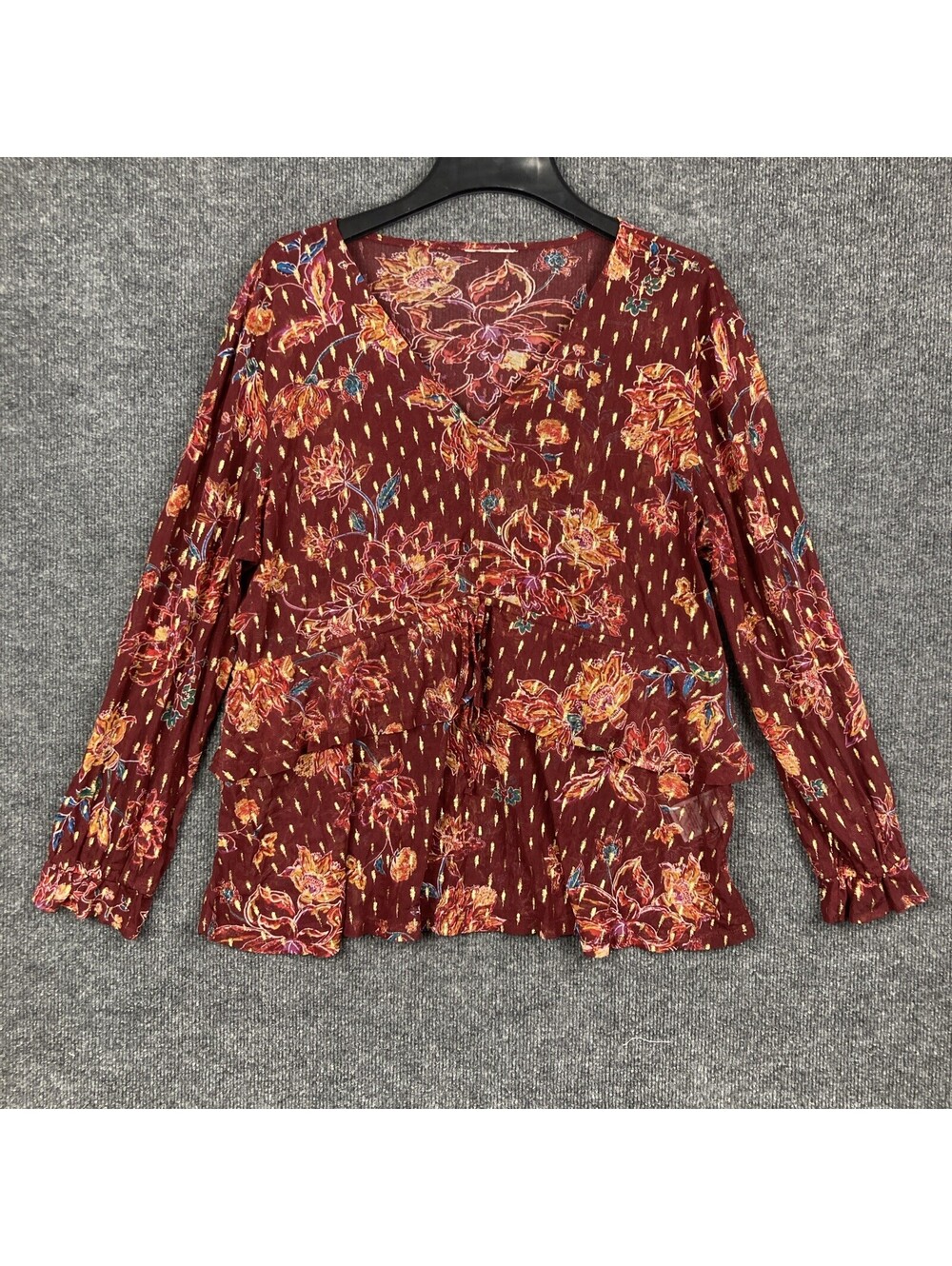 Womens XL Top Maroon Rust Gold Floral Sheer Floral L/S V-Neck Blouse